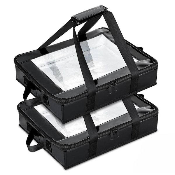 2-Piece Black PU Leather Insulated Foil Pan Carrier Set with Clear Lid for 9x13 Baking Dish, Food Transport