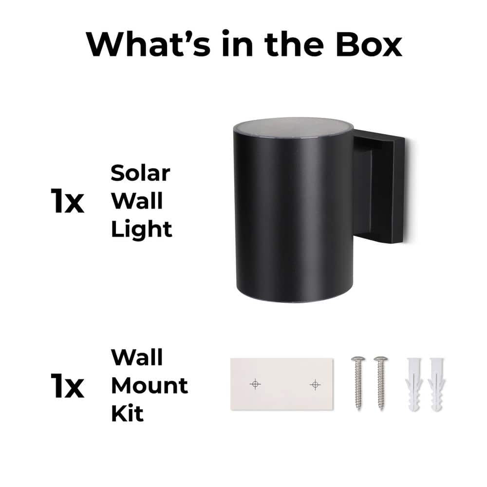Black Aluminum Cylinder Solar Powered Outdoor Wall Sconce