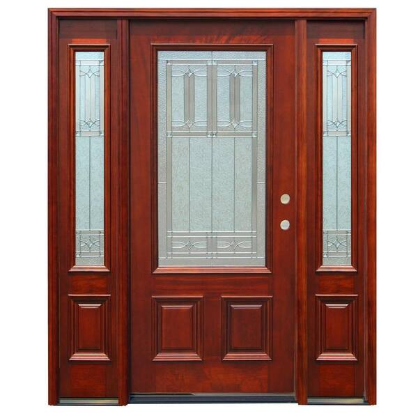 Pacific Entries 70 in. x 80 in. Diablo Traditional 3/4 Lite Stained Mahogany Wood Prehung Front Door with 14 in. Sidelites