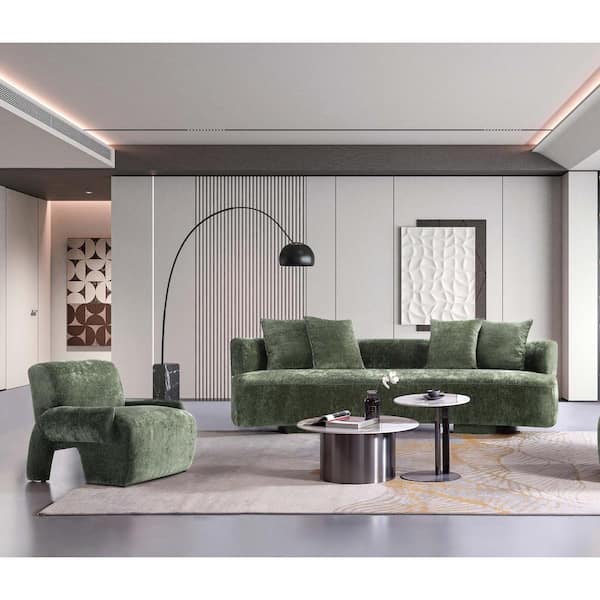 Manhattan Comfort Verandah 2-Piece Mid-Century Modern Olive Green Chenille Upholstered XL Sofa and Accent Chair Living Room Set