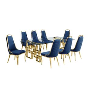 Dominga 9-Piece Glass Top 46" with Gold Stainless Steel Set with 8 Navy Blue Velvet Chairs.