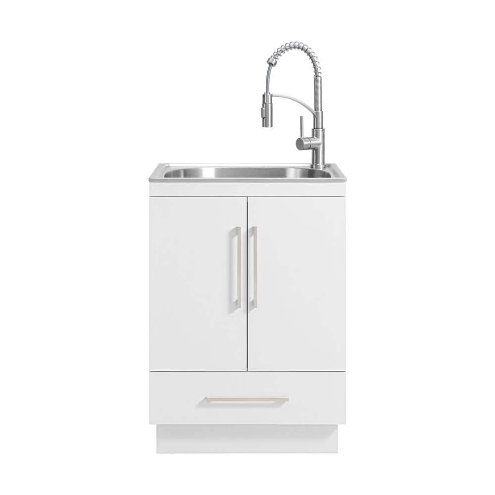 Glacier Bay All-In-One Stainless Steel 24 in Laundry Sink with Faucet and Storage Cabinet in White