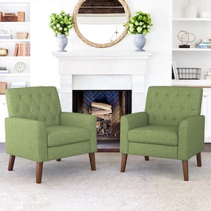 Green and Walnut Mid Century Modern Button Tufted Accent Chair with Wood Legs (Set of 2)