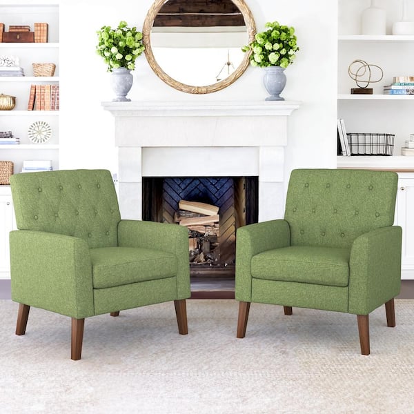 LUE BONA Green and Walnut Mid Century Modern Button Tufted Accent Chair with Wood Legs (Set of 2)