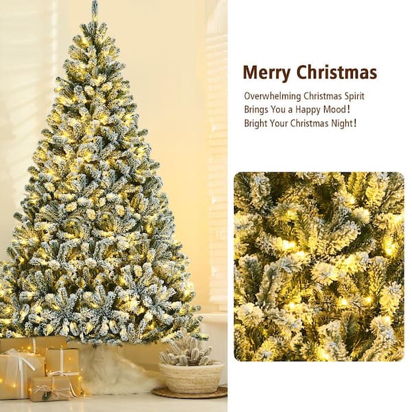 Costway 8 ft. Pre-lit Snow Flocked Hinged Artificial Christmas