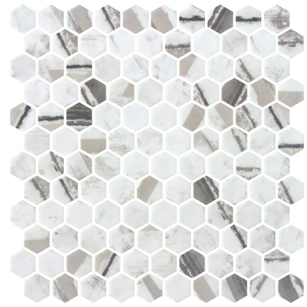 Avery Frothe Grey 1 in. x 1 in. Honeycomb Polished Upcycled Glass Mosaic Fl