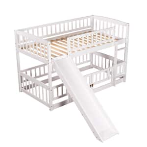 White Twin Bunk Bed with Slide and Built -in Fence with Lockable Door for Toddler Kids Teens