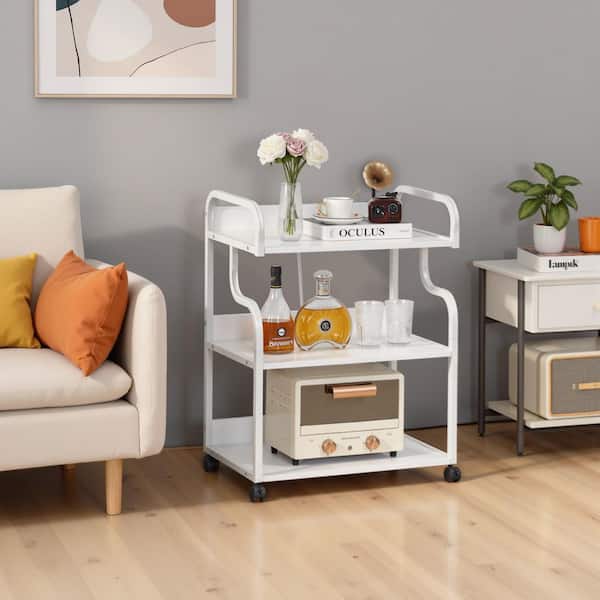 31.5 in. Rolling Side Table with Charging Station, Accent Storage Cabinet, 3-Tier Printer Stand on Wheels, White Style 1