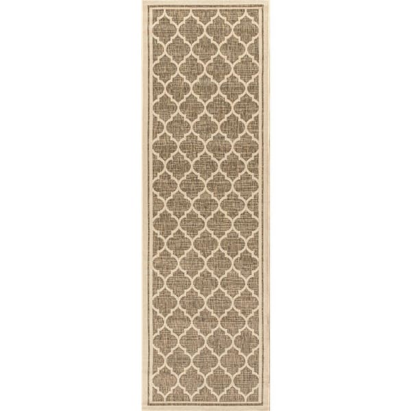 Brown/Beige 2 ft. x 14 ft. Runner Trebol Moroccan Trellis Textured Weave Indoor/Outdoor Area Rug