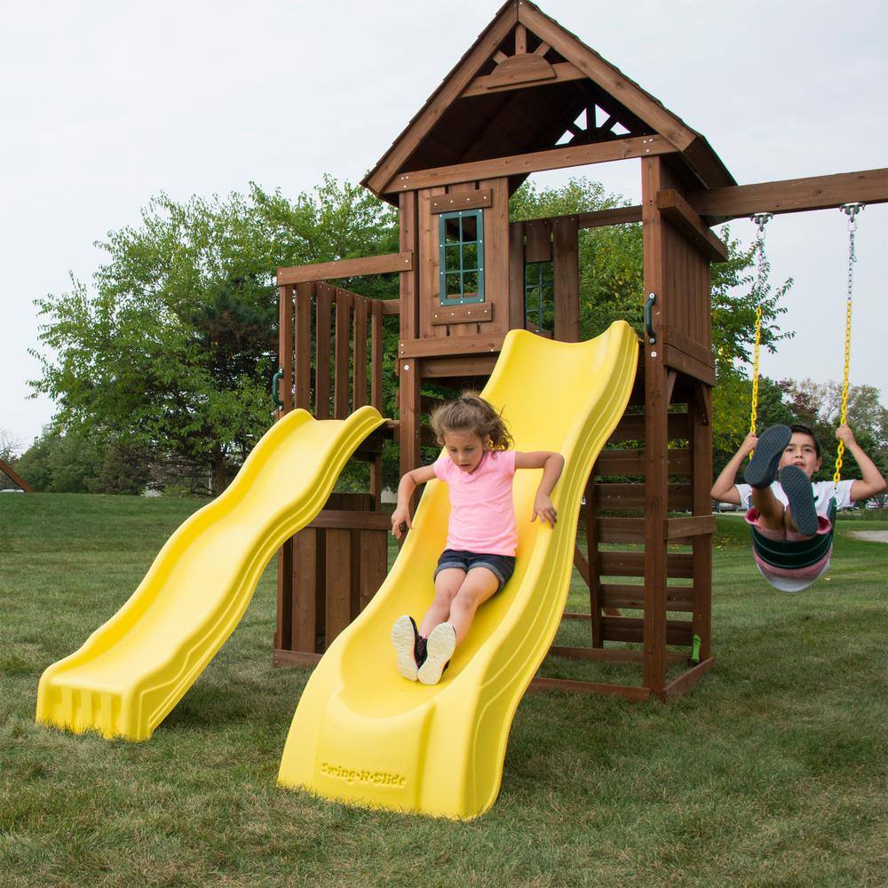 Castlebrook Large Wooden Play Swing Set with Slides and Clubhouse