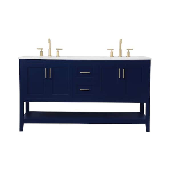 Unbranded Simply Living 60 in. W x 22 in. D x 34 in. H Bath Vanity in Blue with Calacatta White Engineered Marble Top