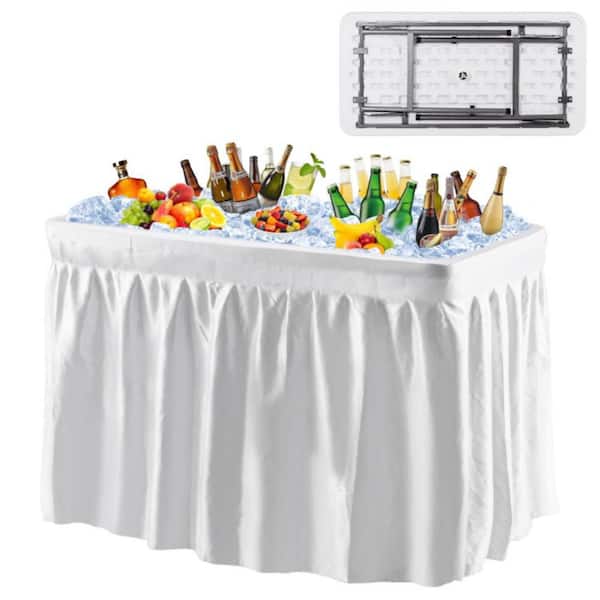 47.5 in. White Rectangle Steel Picnic Table Ice Folding Table with Matching Skirt, Plastic Top