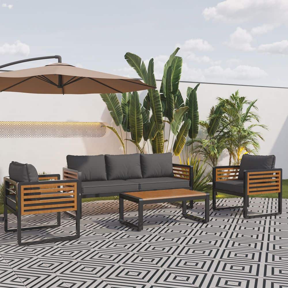 4-Piece Acacia Wood and Metal Patio Conversation Set with Gray Cushions