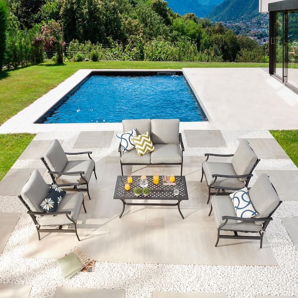 Patio Festival 6-Piece Metal Patio Conversation Set with Gray Cushions