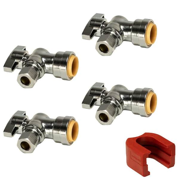 QUICKFITTING 1/2 in. Push-to-Connect x 3/8 in. O.D. Compression Chrome Plated Brass Quarter-Turn Angle Stop Valve (4-Pack)
