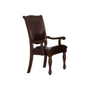 Dark Brown Wooden and Leather Dining Side Arm Chair (Set of 2)