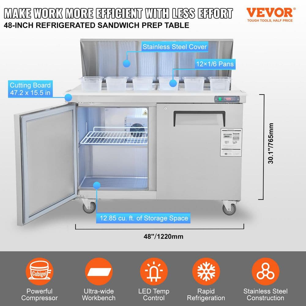 48'' Stainless Steel Double-Door Sandwich Prep Refrigerator