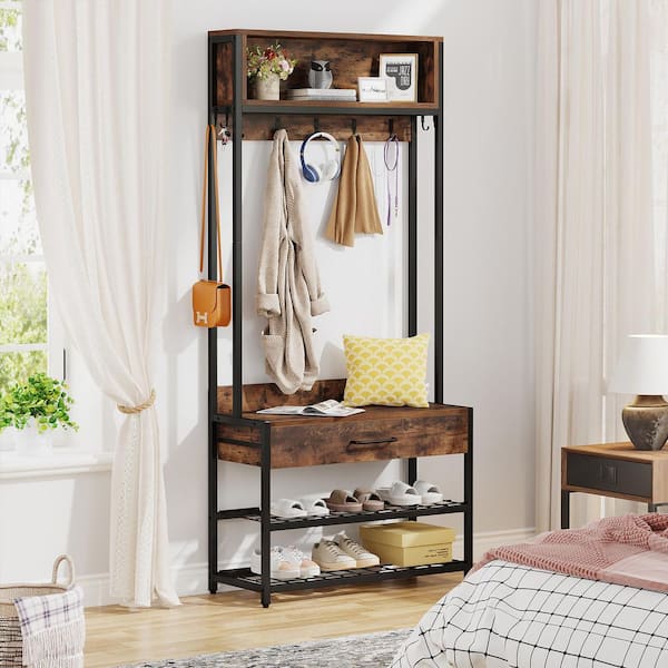 Brown 70 in. H Wood Coat Rack with Shoe Hutch, Vintage Industrial Accent Freestanding with Metal Frame Entryway Home
