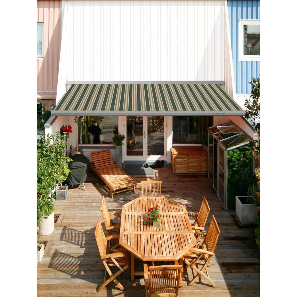 Forest Green and Beige Striped Motorized Retractable Patio Awning
