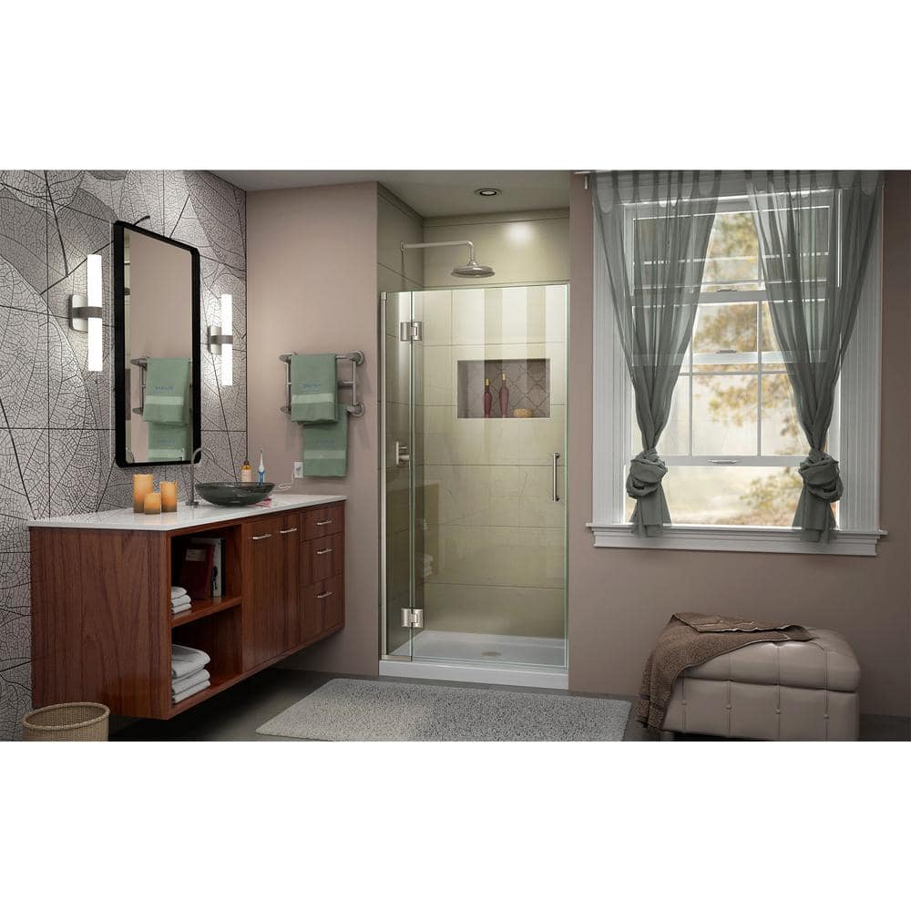 Unidoor-X 36" Frameless Clear Glass Hinged Shower Door with Distressed Bronze Hardware