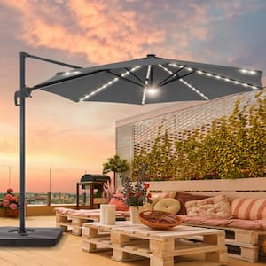 11 ft. Patio Cantilever LED Offset Umbrella With a Base, Round Canopy With Aluminum Frame and Sunbrella Fabric, Gray