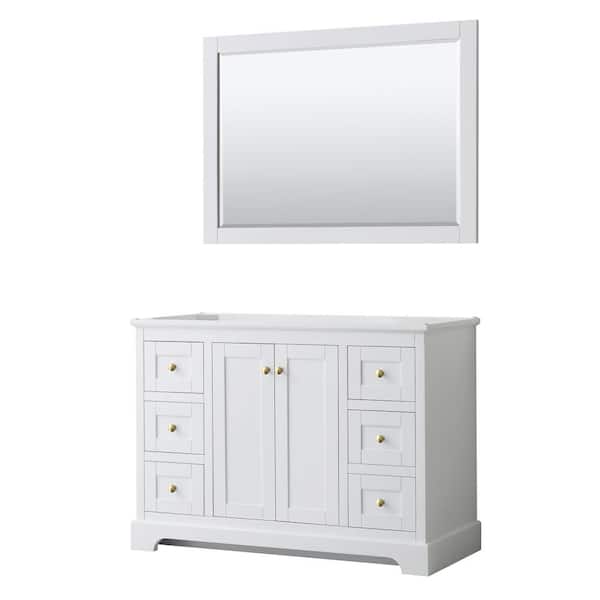 Wyndham Collection Avery 47.25 in. W x 21.75 in. D x 34.25 in. H Bath Vanity Cabinet without Top in White with Gold Trim & 46 in. Mirror