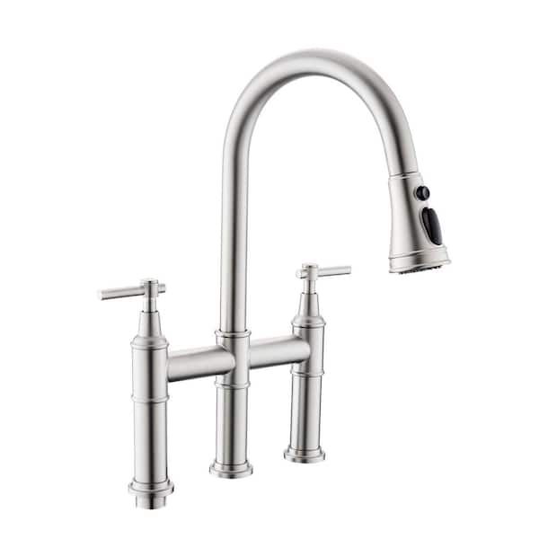 Satico Double Handle Bridge Kitchen Faucet with Pull-Down Spray Head in Brushed Nickel