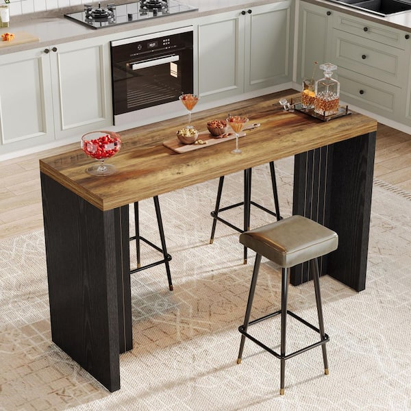 Kearsten Rectangle Brown Black 55 in. Bar Home Table Bar Unit Liquor Bistro Farmhouse Kitchen Living Room Balcony