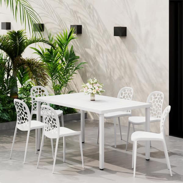 Frond and Form Outdoor Patio Modern 7-Piece Rectangular Steel Table, 6 Stackable HDPE Plastic Chairs Dining Set, White