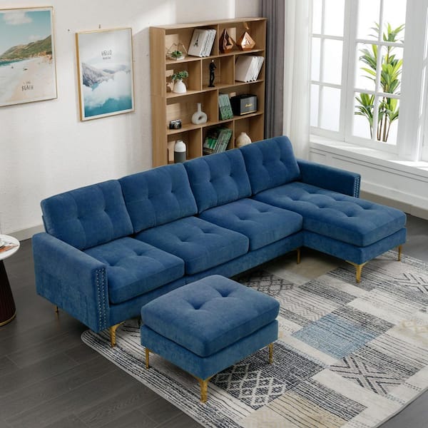 110 in. Soft Velvet Modern Sectional Sofa in Blue with Ottoman, Side Storage Pockets and Metal Legs