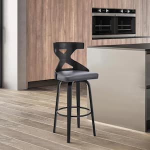 Gayle 40 in. Product Height High Back Swivel Grey Faux Leather and Black Wood Bar Stool