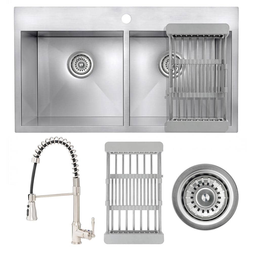 Handmade All-in-One Drop-in Stainless Steel 33 in. x 22 in. Spring Neck Fau
