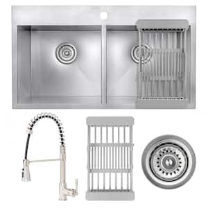 Handmade All-in-One Drop-in Stainless Steel 33 in. x 22 in. Spring Neck Faucet and Drying Rack Double Bowl Kitchen Sink
