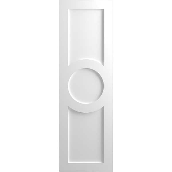 Ekena Millwork True Fit 15 in. x 44 in. PVC Center Circle Arts and Crafts Fixed Mount Flat Panel Shutters, White (Per Pair)
