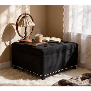 Black Polyester Square Storage Ottoman Medium (30 in. ) Ottoman with Nailhead Trim and Tufted Design