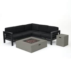 Cape Coral Gray 5-Piece Metal Patio Fire Pit Sectional Seating Set with Dark Gray Cushions