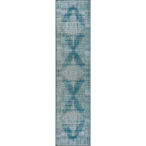 Regis Bohemian Medallion Machine-Washable Teal/Cream 2 ft. x 8 ft. Runner Rug