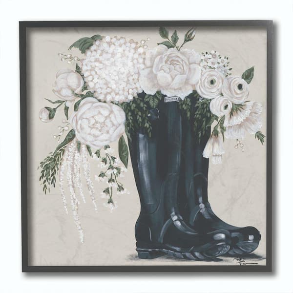 Stupell Industries 12 in. x 12 in. "White Flower Arrangement in Black Boots Painting" by Penny Lane Publishing Framed Wall Art