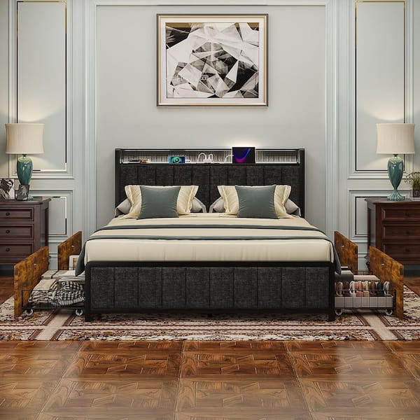 Rustic Bed Brown Metal Frame Queen Platform Bed with Upholstered Headboard, USB Port and 4-Rolling Storage Drawers