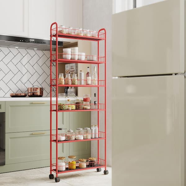 6-Tier Rolling Kitchen Slim Cart, Storage Tower Rack with Wheels, 6 Baskets for Kitchen, Bathroom, Laundry in Red