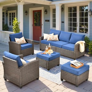 Marcia 5-Piece Wicker Modern Outdoor Patio Conversation Sofa Seating Set with Navy Blue Cushions