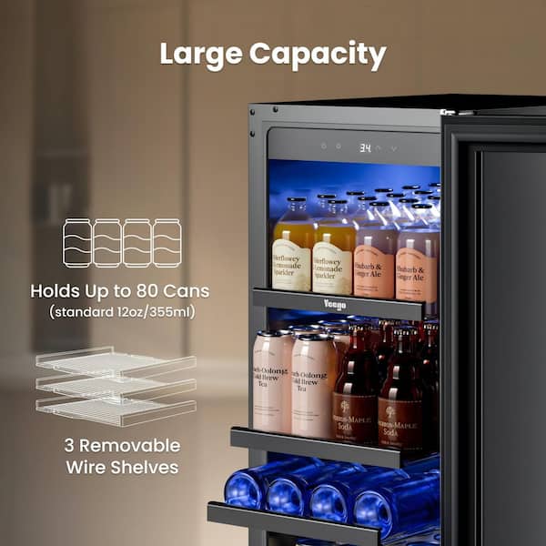 15 in. Single Zone 80-Can Built-in Beverage Refrigerator, Beverage Cooler with Adjustable Shelves in Stainless Steel