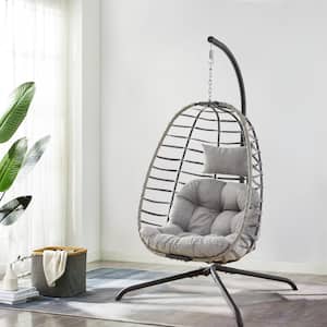 Belize 1 Person Metal & Sling Patio Swing with Stand with Gray Cushion