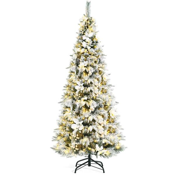 Costway 6 ft. Pre-Lit Snow Flocked Christmas Tree with Berries and Poinsettia Flowers