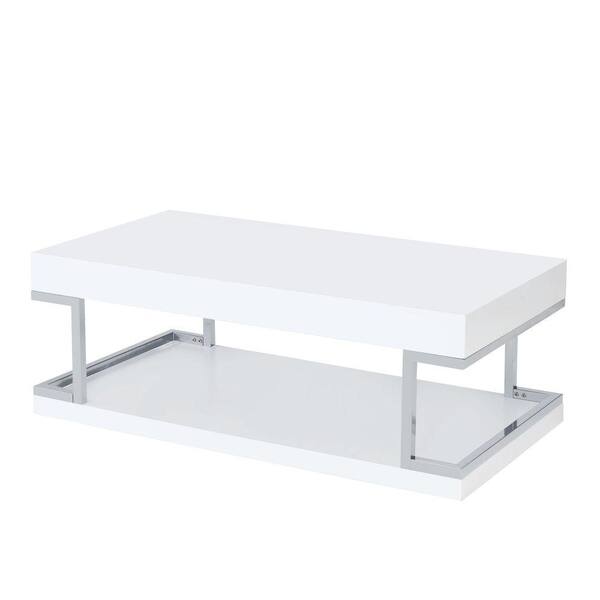 Benjara 47 in. White and Silver Rectangle Wood Top Coffee Table ...