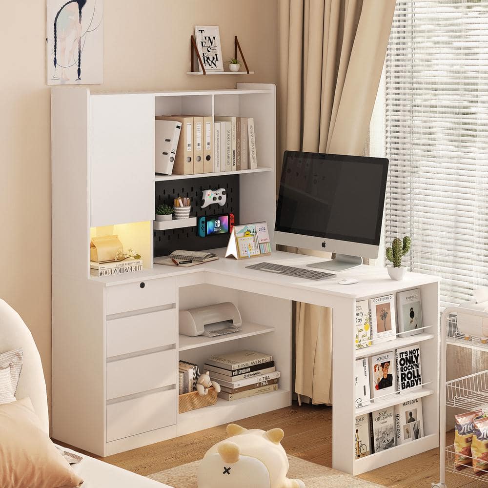 46 in. L-Shaped White Wood 3-Drawer Computer Corner Study Writing Desk with Storage, Shelves, and Doors