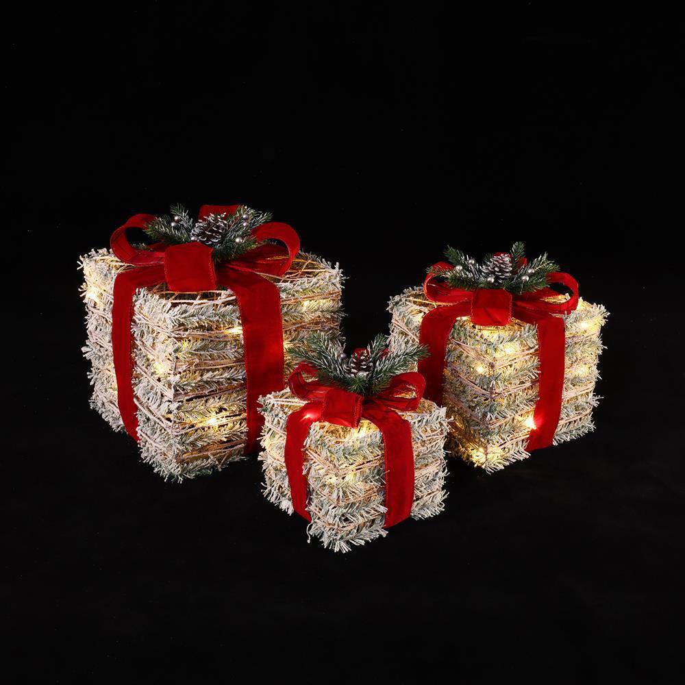 Frosted Faux Cedar Branch Giftbox Set with Lights