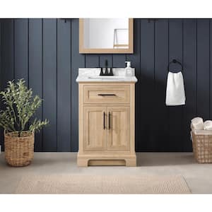 Doveton 24 in. Single Sink Freestanding Weathered Tan Bath Vanity with White Engineered Marble Top (Assembled)