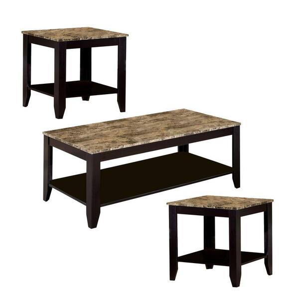 Benjara Artistic 3-Piece 22 in. Brown Medium Rectangle Marble Coffee Table Set with Shelf