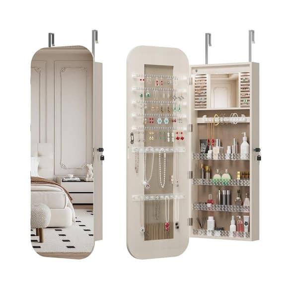 White 14.5 in. W x 47.2 in. H Wood Full-Length Mirror Jewelry Armoire Organizer, Door/Wall Mount, Lockable Storage